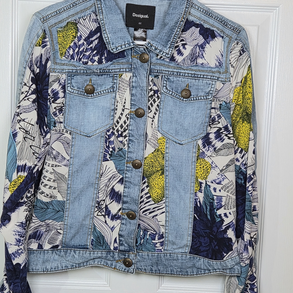 Desigual Women's Blue Denim Jacket with Floral Accents